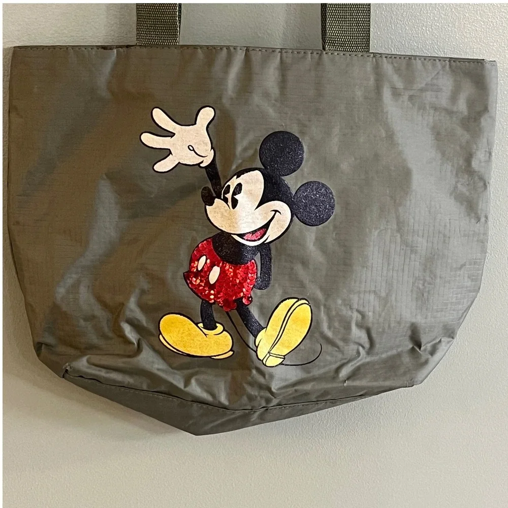 Disney Green Sequin Glitter Mickey Mouse Nylon Zippered Tote Bag 17